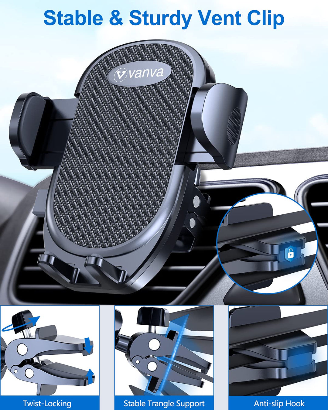 Universal Air Vent Car Mount, [ Big Phones &amp; Thick Case Friendly ] Cell Phone Holder for Car Hands Free Clamp Cradle Vehicle fit for All Apple (B1)