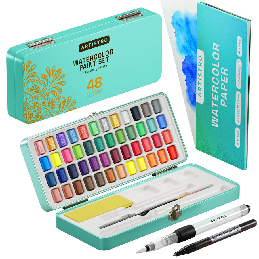 Watercolor Paint Set, 48 Vivid Colors in Portable Box, Palette set, Including Metallic and Fluorescent Colors. Perfect Travel Watercolor Set for Artists, Amateur Hobbyists and Painting Lovers