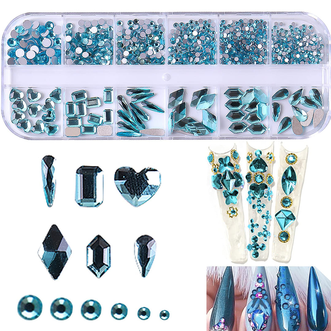 SKY Blue Rhinestones for Nails Design 810Pcs Blues Nail Art Rhinestone Beads Flatback Gems for Nail Multi 6 Shapes Nails Crystal Diamonds for Nail DIY Craft Makeup Jewelry (SKY Blue)