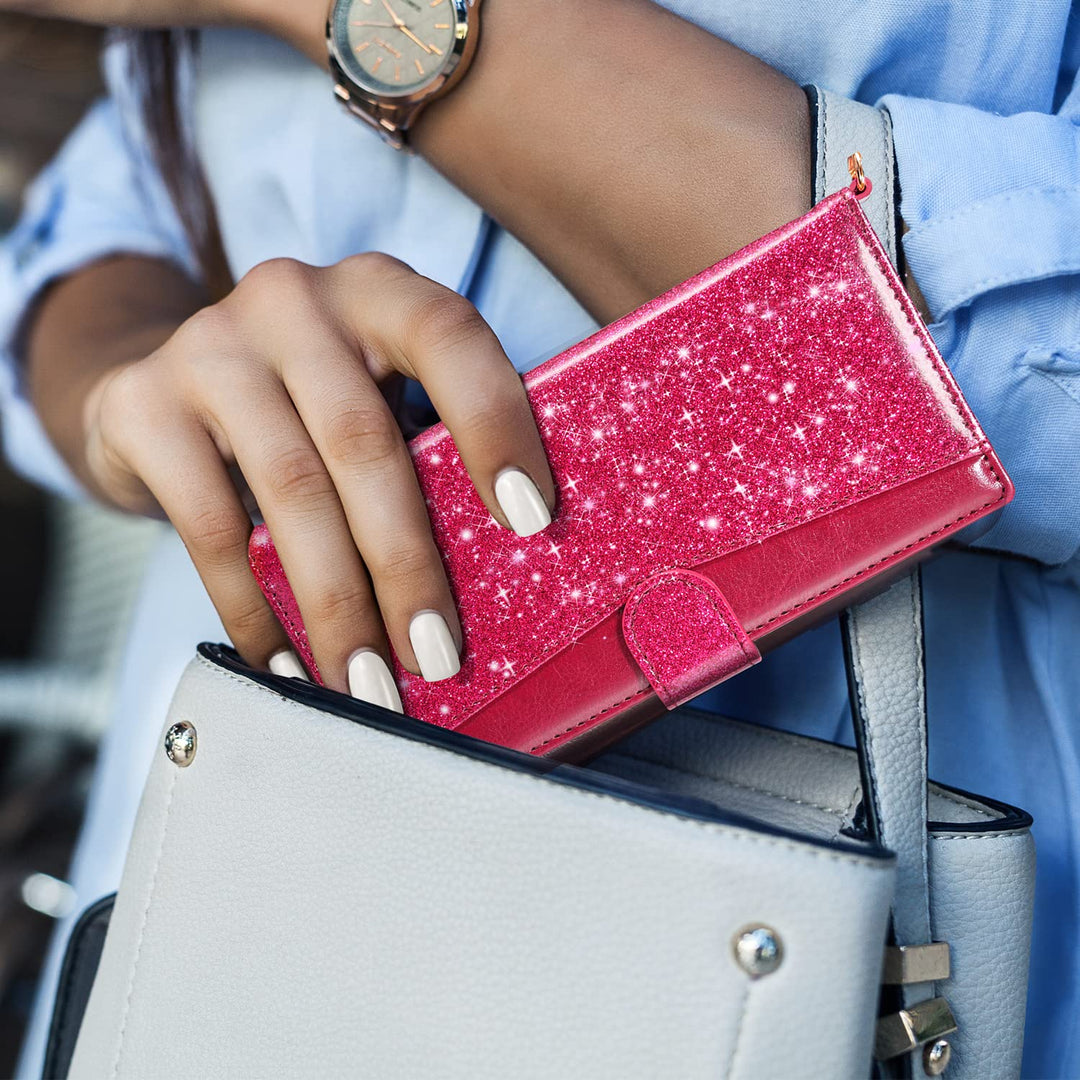 Wallet Case Compatible Galaxy S22 Ultra Flip Folio Cover with Card Slots Kisckstand Wrist Strap Girls Women Glitter PU Leather Compatible with Samsung Galaxy S22 Ultra Glitter Rose Red