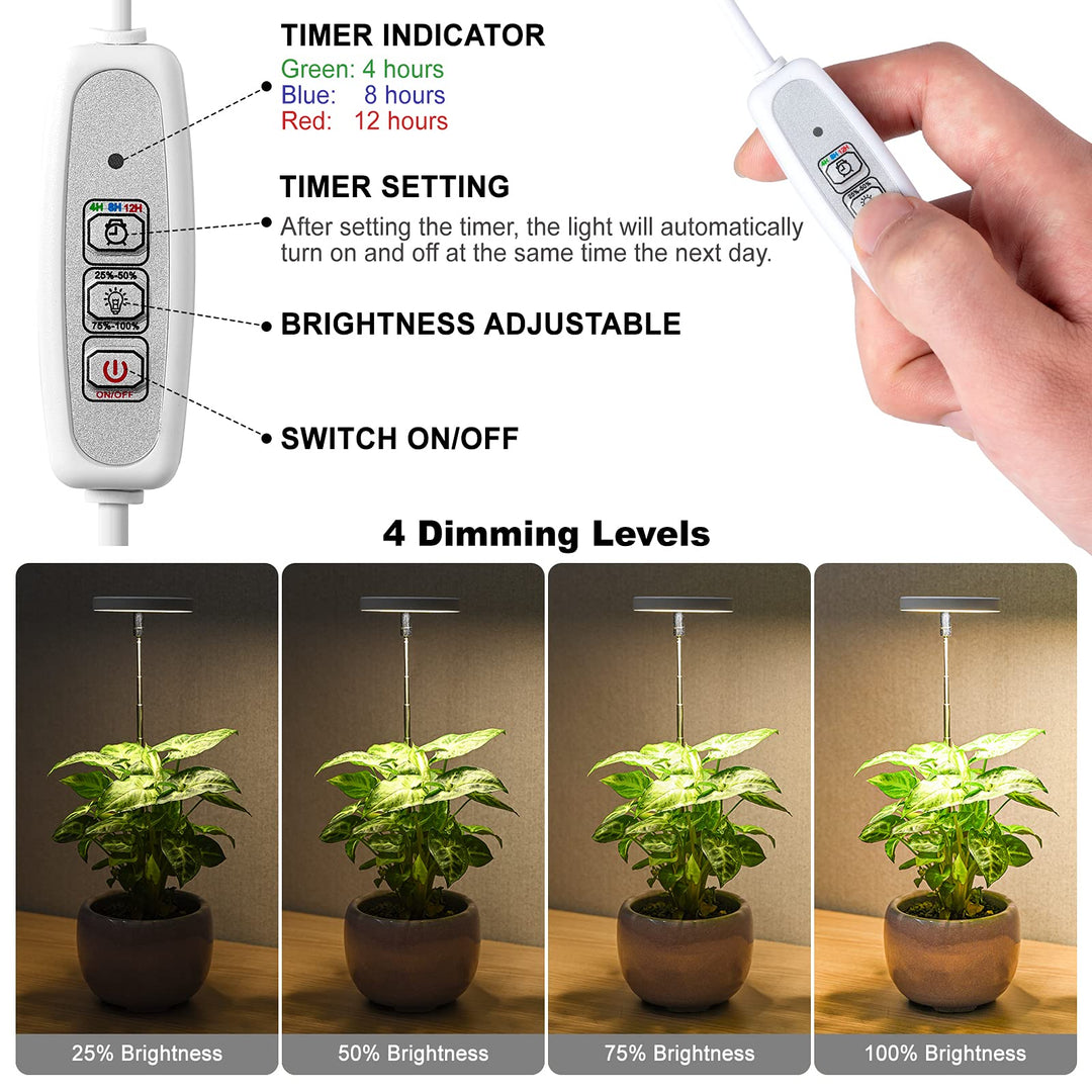 Grow Light, Full Spectrum LED Plant Light for Indoor Plants, Height Adjustable Growing Lamp with Auto On/Off Timer 4/8/12H, 4 Dimmable Brightness, Ideal for Small Plants
