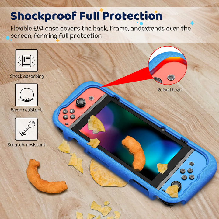 Kids Case Compatible with Nintendo Switch w/2 Game Card Slots - [Ultralight] [Shockproof] Protective Cover with Ergonomic Grip, Kids Friendly Grip Case for Switch Console (Blue)