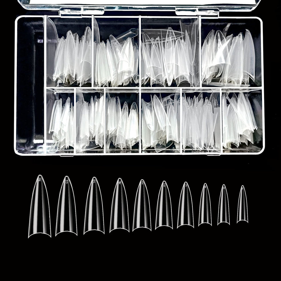 BE.YOU Beyou Clear Long Stiletto 500Pcs Artificial Fake Nail Tips, 10 Sizes 28512 For Nail Salon
