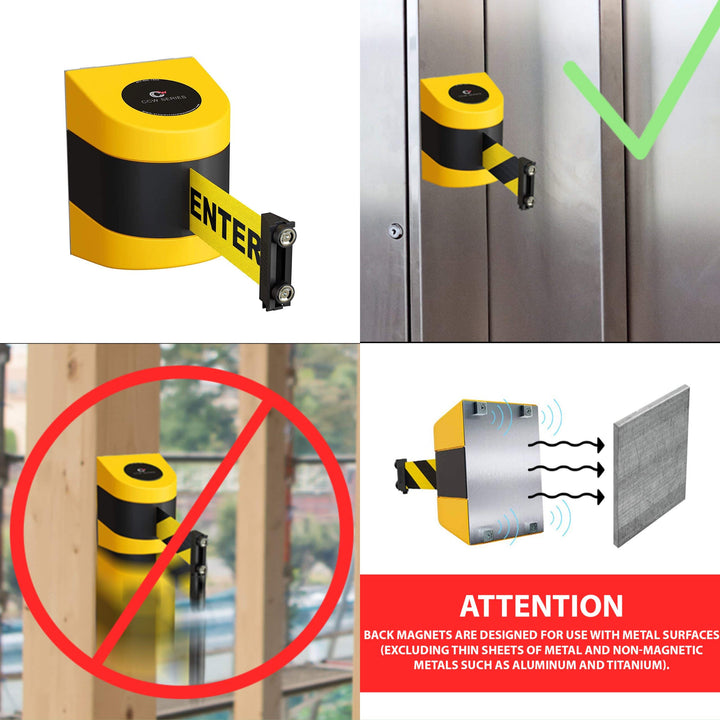- CCW Series WMB-220 Magnetic Wall Mount Retractable Belt Barrier - 15 Foot, Red withCaution - DO NOT Enter White Letters Belt with Yellow ABS Case