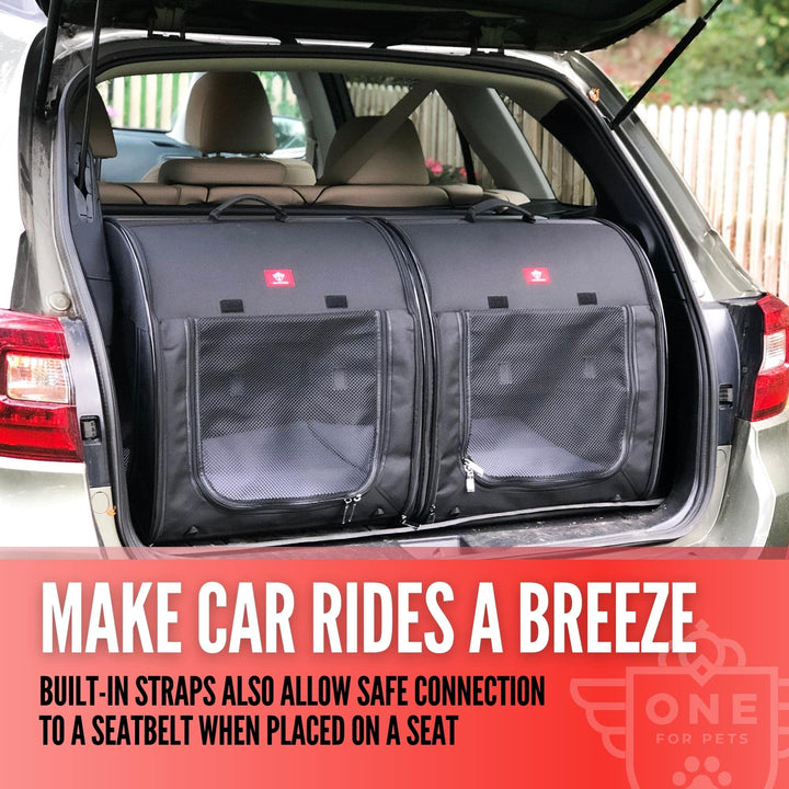 Portable 2-in-1 Double Pet Kennel/Shelter, Fabric, Black/Royal Blue 20x20x39 - Car Seat-Belt Fixture Included (Black)