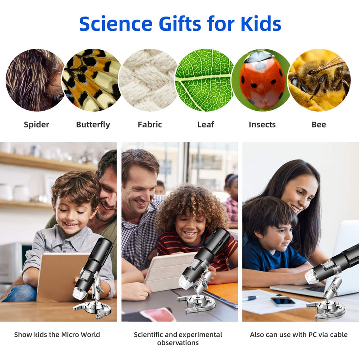 Wireless Digital Microscope 50X-1000X Handheld Portable Mini WiFi USB Microscope Camera with 8 LED Lights for iPhone/iPad/Smartphone/Tablet/PC-Black