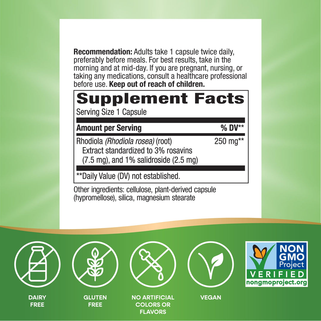 Nature&#39;s Way Rhodiola Premium Extract - 250 mg per serving - Supports Energy &amp; Mental Stamina* - Non-GMO Project Verified - Adaptogenic Herb* - Vegan &amp; Gluten Free - 60 Capsules