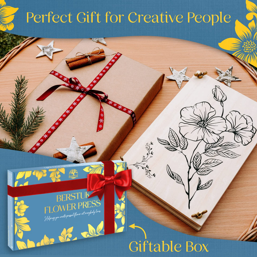 Berstuk Wooden Flower Press for Adults and Teens - Includes Expert Video Tutorials - Large Flower Press Kit 10.8 x 6.9 - Gift-Ready Packaging Ideal for Arts and Crafts Lovers