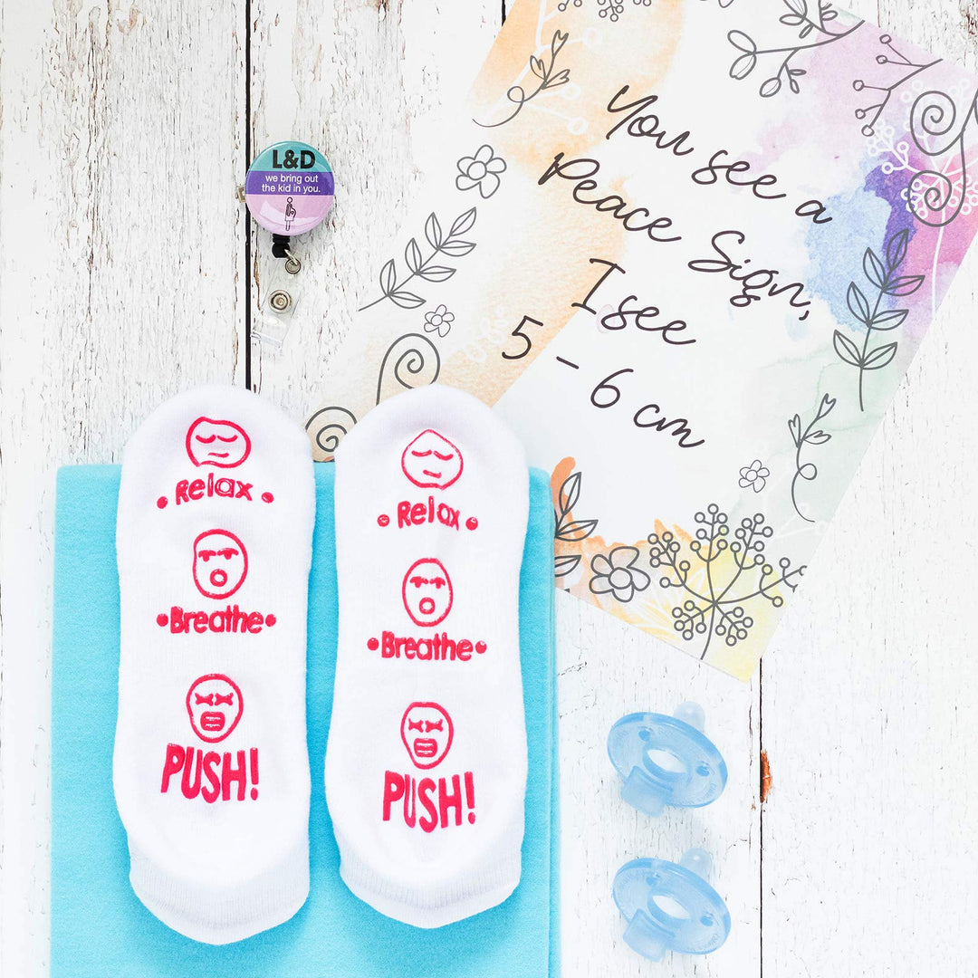 Labor and Delivery Socks - Funny Push Gift for New Mom to Be (Relax, Breathe, Push)