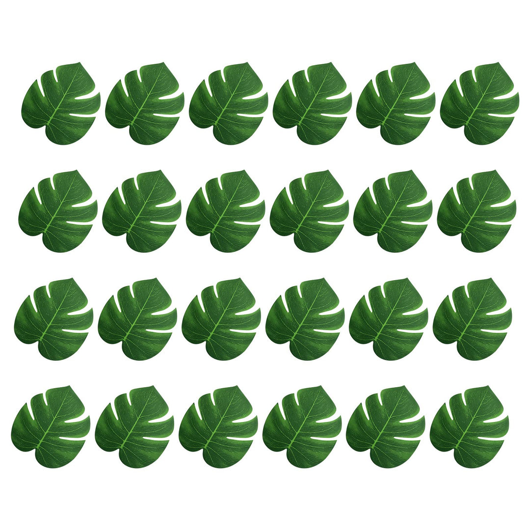 24 Pcs 8 Inch Artificial Palm Leaves, Tropical Faux Leaves Green Faux Monstera Leaves for Hawaiian Luau Jungle Party Safari Birthday Table Decorations (M)