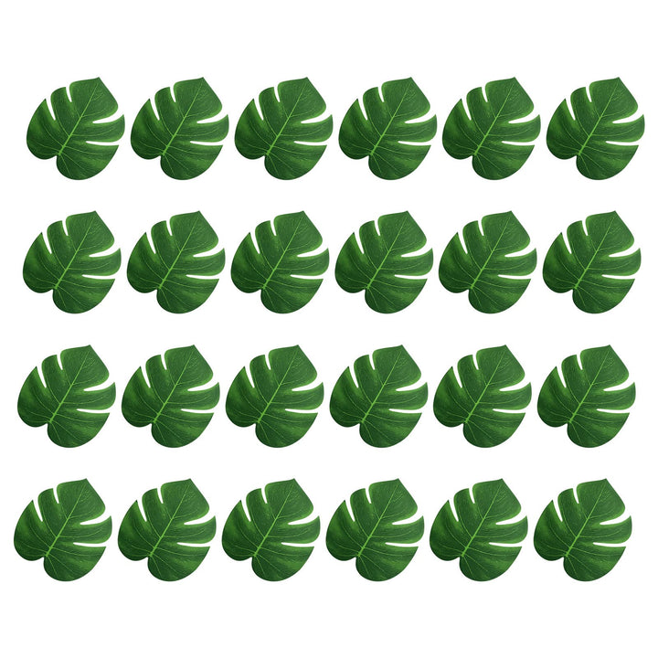 24 Pcs 8 Inch Artificial Palm Leaves, Tropical Faux Leaves Green Faux Monstera Leaves for Hawaiian Luau Jungle Party Safari Birthday Table Decorations (M)