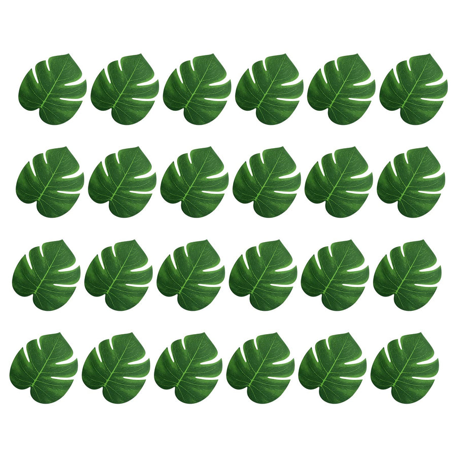 24 Pcs 8 Inch Artificial Palm Leaves, Tropical Faux Leaves Green Faux Monstera Leaves for Hawaiian Luau Jungle Party Safari Birthday Table Decorations (M)