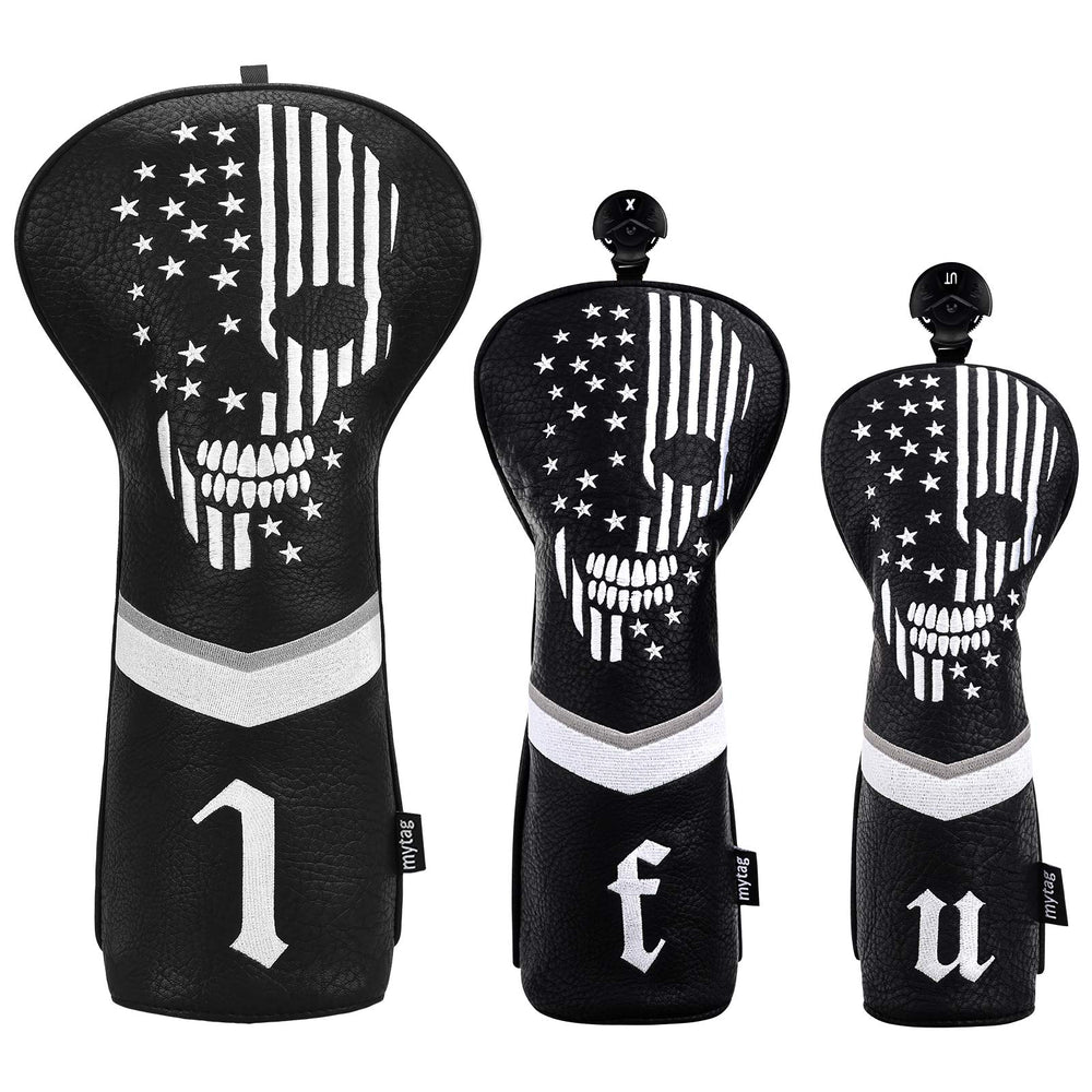 mytag Golf Skull Skeleton Head Cover Golf Club Black Leather Headcovers Set Fits Driver Fairway Wood Hybrid (1pc Driver Cover)