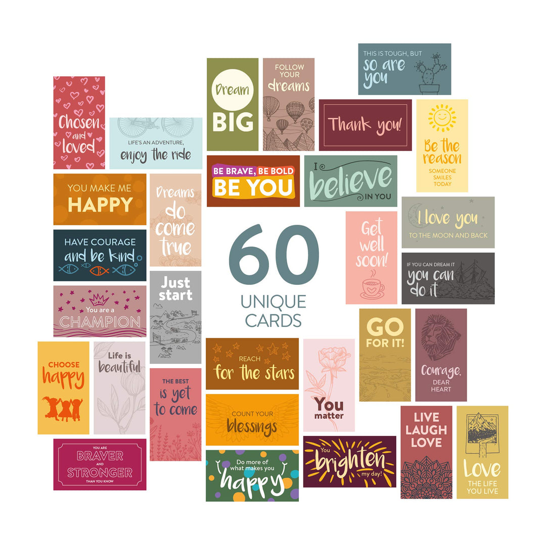 60 Pack Assorted Motivational Cards - Inspirational and Kindness Mini Note Cards, Gratitude Encouragement Card Set with 60 Unique Motivational Quotes Business Card Size (Assorted)