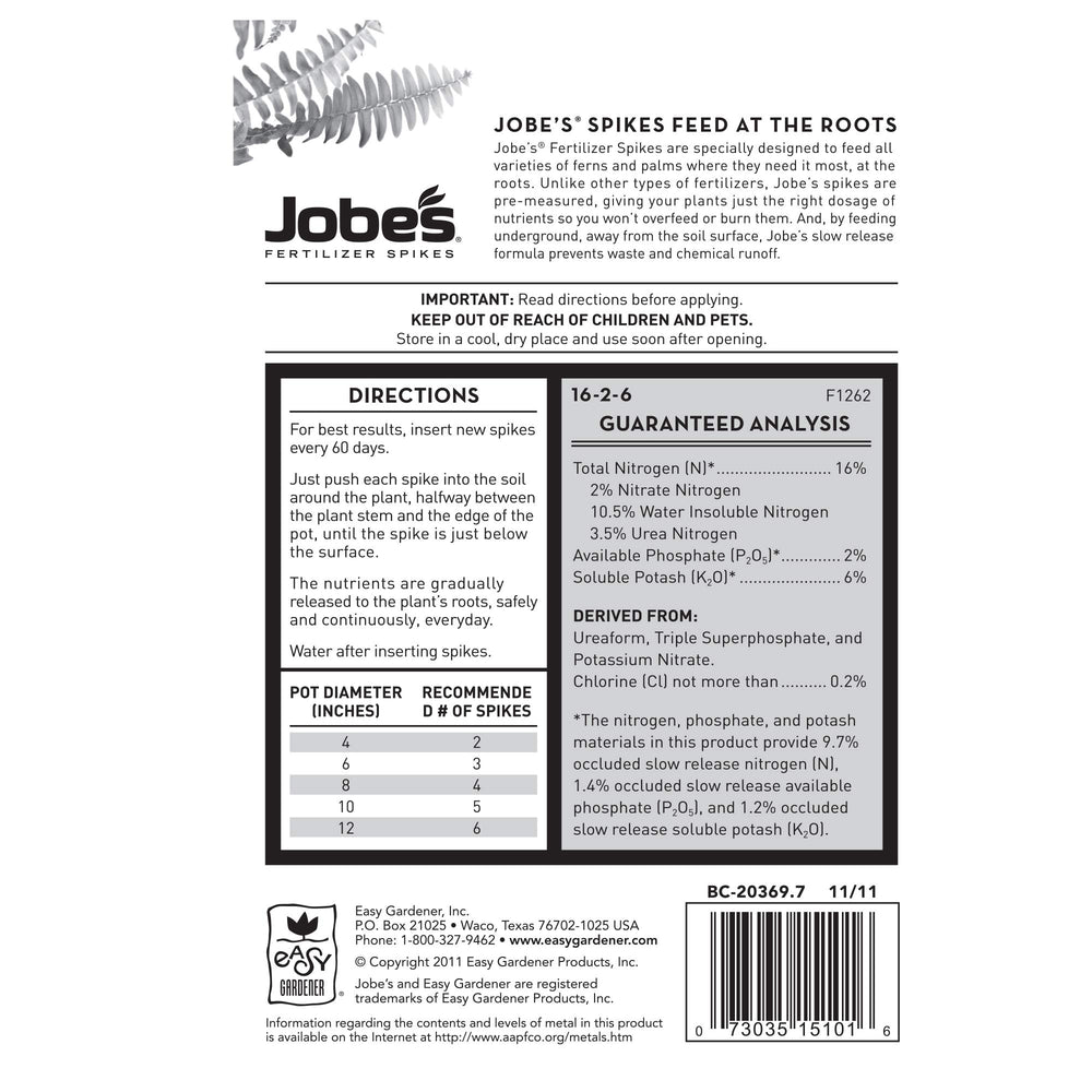 Jobe's Plant Food Fertilizer Spikes, Easy Plant Care for All Ferns and Palm Plants, 30 Count