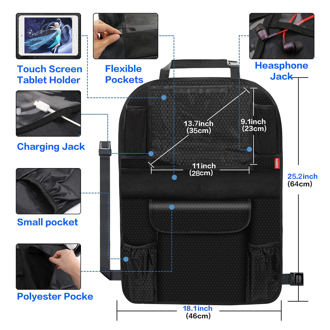 BANNIO Car Backseat Organizer,(2 Pack) Car Back Seat Storage Organizer, Kick Mat Seat Protector with 11 Tablet Holder for Kids Toddlers,8 Storage Pockets,Travel Accessories,Black