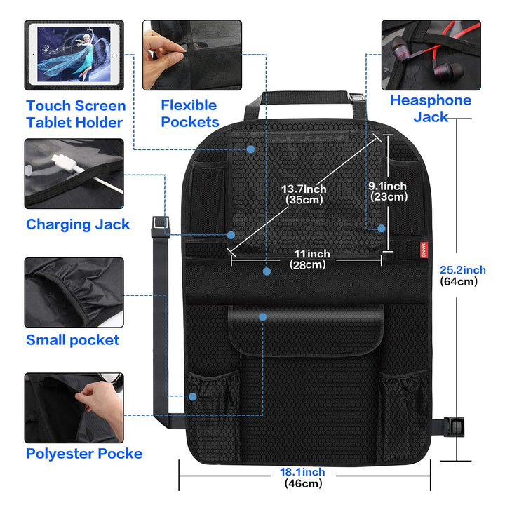 BANNIO Car Backseat Organizer,(2 Pack) Car Back Seat Storage Organizer, Kick Mat Seat Protector with 11 Tablet Holder for Kids Toddlers,8 Storage Pockets,Travel Accessories,Black