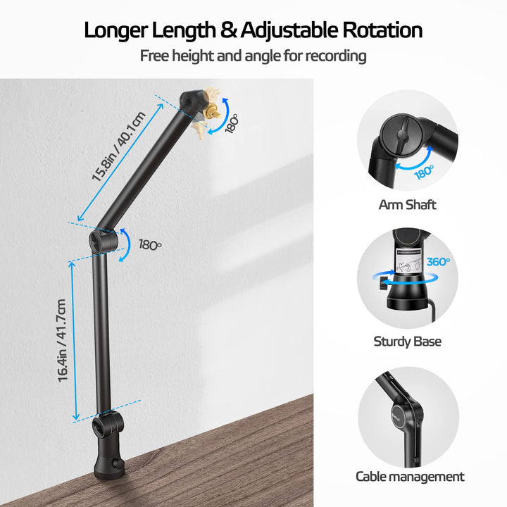 Mic Arm Desk Mount(Longer)for Shure SM7B/MV7/Blue Yeti/Nano/Hyperx Quadcast, Adjustable 360° Rotatable Universal Heavy Duty Metal Mic Arm with 3/8 to 5/8 Adapter, Cable Trough, Headset Hook