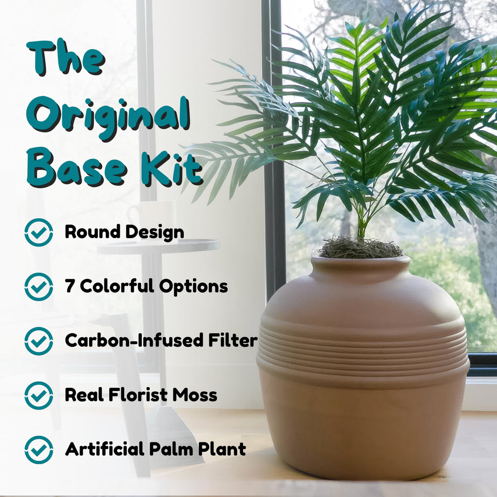 Hidden Cat Litter Box Enclosure with Artificial Plant, Decorative Round Planter, Vented Carbon Charcoal Filter for Odor Control, Easy-to-Clean, Made in USA, Base Kit, Brown