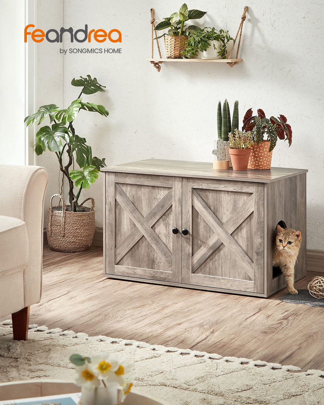 Cat Litter Box Enclosure, Litter Box Furniture Hidden with Removable Divider, Indoor Cat House, End Table, 31.5 x 20.9 x 19.7 Inches, Rustic Brown and Black UPCL002X02