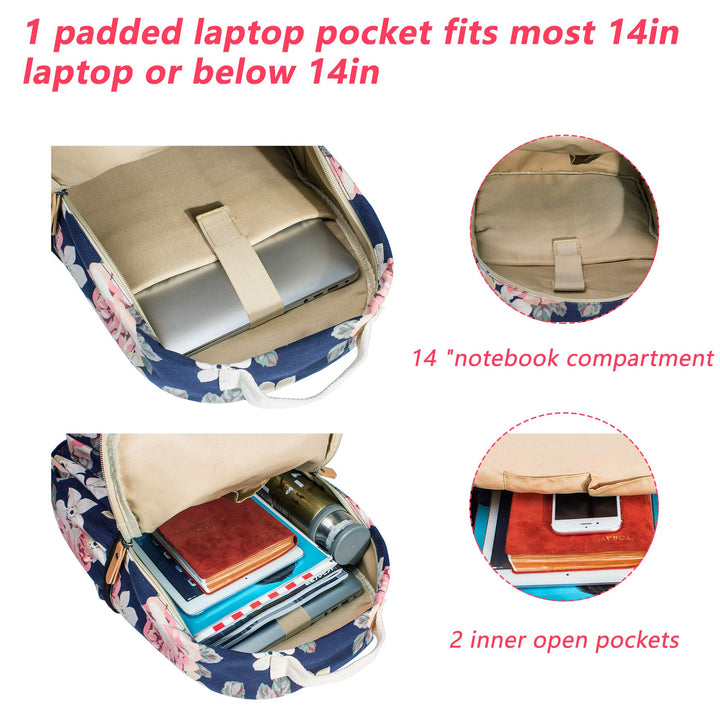 Floral School Backpack for Girls Travel Bag Bookbag Satchel Dark Blue