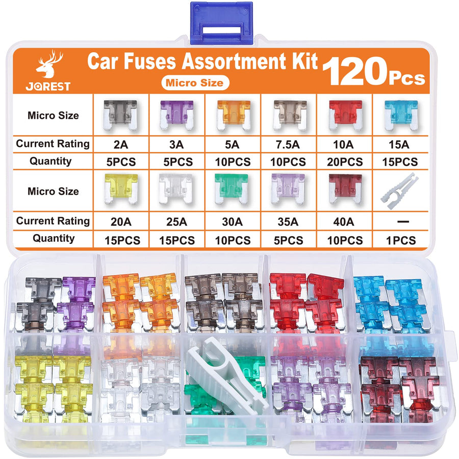 JOREST 120Pcs Low Profile Mini Fuse Kit, Micro Blade Fuses Automotive- Replacement Fuses Assortment Kit for Car/RV/Truck/Motor (2Amp 3A 5A 7.5A 10A 15A 20A 25A 30A 35A 40A) +1 Fuse Puller