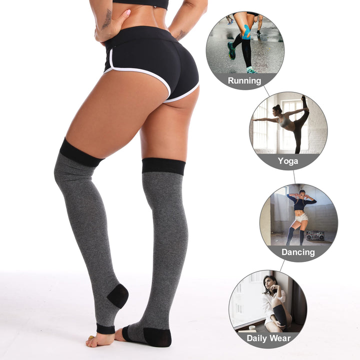 Thigh High Compression Open-Toe Socks for Women Over Knee Stocking for Yoga Runing,Leg Warmers Sleeves for Varicose Vein… (One Size, Gray)