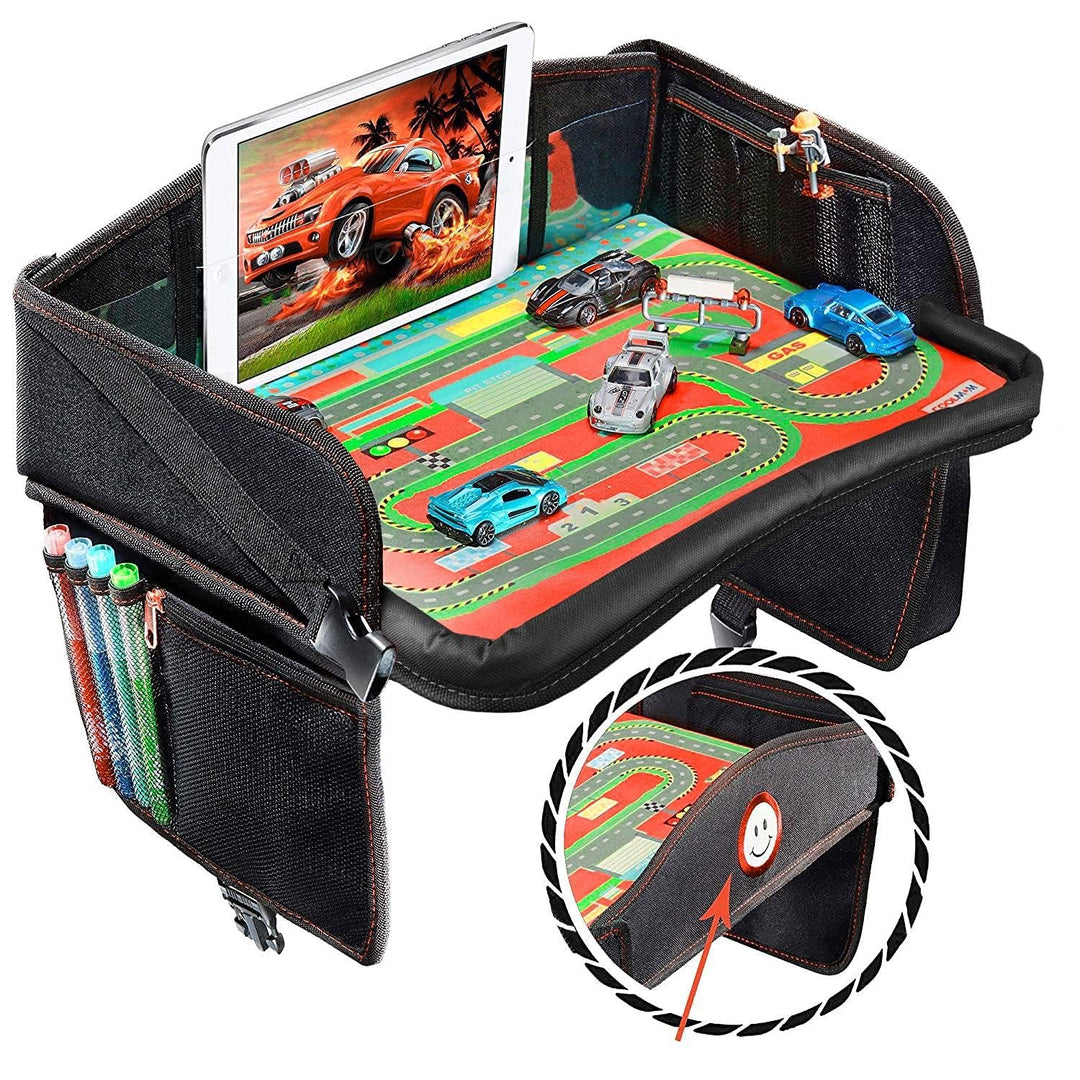 Coolmum Kids Travel Tray, Toddler Car Seat Tray, Double Sided Activity Organizer, Snack Lap Tray, Baby Stroller Tray, Airplane Play Table, Waterproof and Foldable (Premium Red)