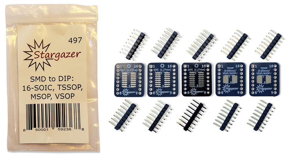 Stargazer SMD to DIP Breakout for SOIC-16, TSSOP-16, MSOP-16, and VSOP-16 with Gold Plated Headers [5 Pack]
