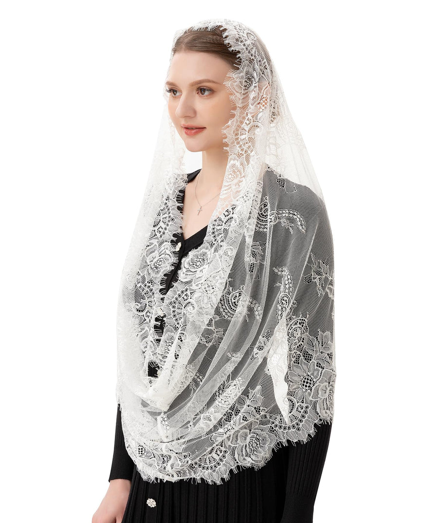 Spanish Style Lace Traditional Vintage Inspired Infinity Shape Mantilla Veil Latin Mass Head Covering (Ivory)