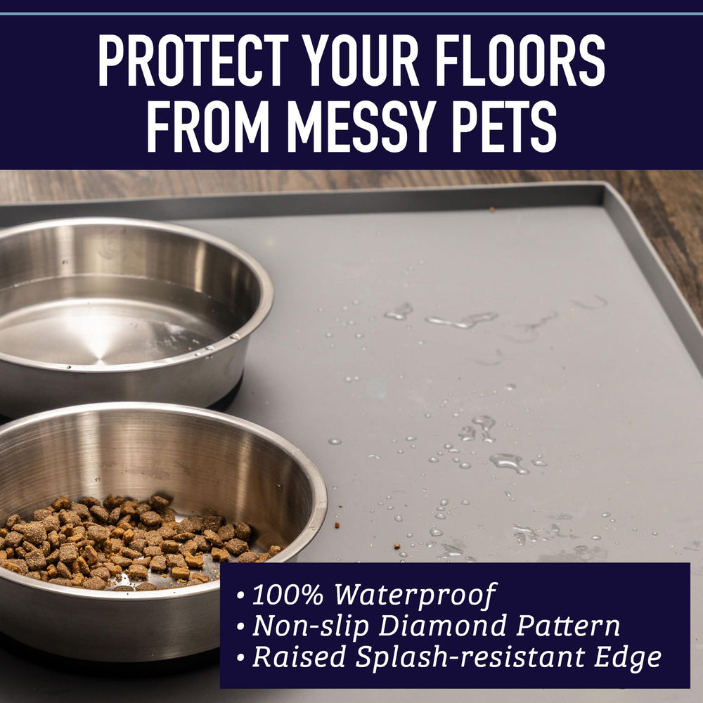 Silicone Dog Food Mat with Tall Raised Edges – Waterproof Cat & Dog Feeding Pad for Food & Water Bowl – Grey, 25 x 17 XL - Silicone Mat - Pet Placemat