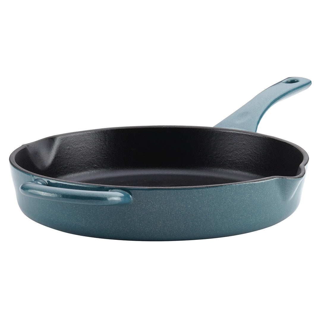Curry Enameled Cast Iron Skillet/Fry Pan with Pour Spouts, Skillet (10), Twilight Teal