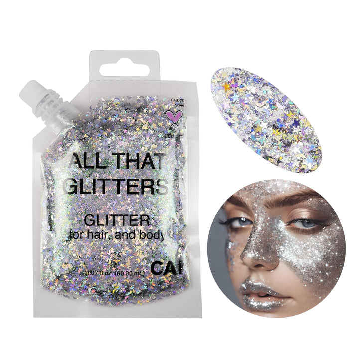 Body Glitter Gel- Face, Body &amp; Hair (1 Pk Silver) Chunky Iridescent Holograph Stars &amp; Moon, 3 oz | Cosmetic-Grade Makeup, Apply Without Glue, Easy to Take Off &amp; Keep Skin Clean - for Concerts, Raves