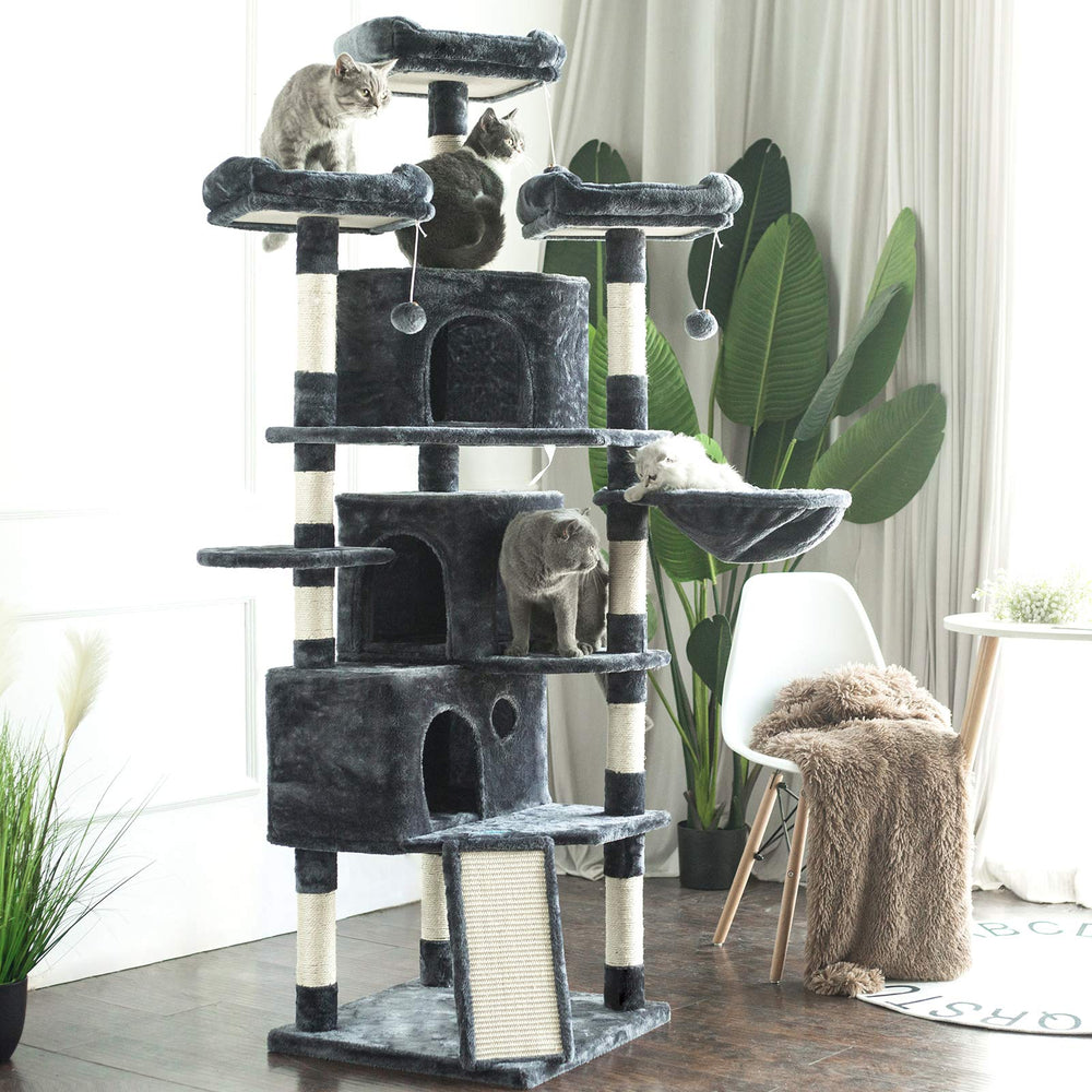 XL Cat Tree, 73.4 inch Cat Tower with 3 Caves, 3 Cozy Perches, Scratching Posts, Board, Activity Center Stable for Kitten/Big Cat, Gray MPJ032G