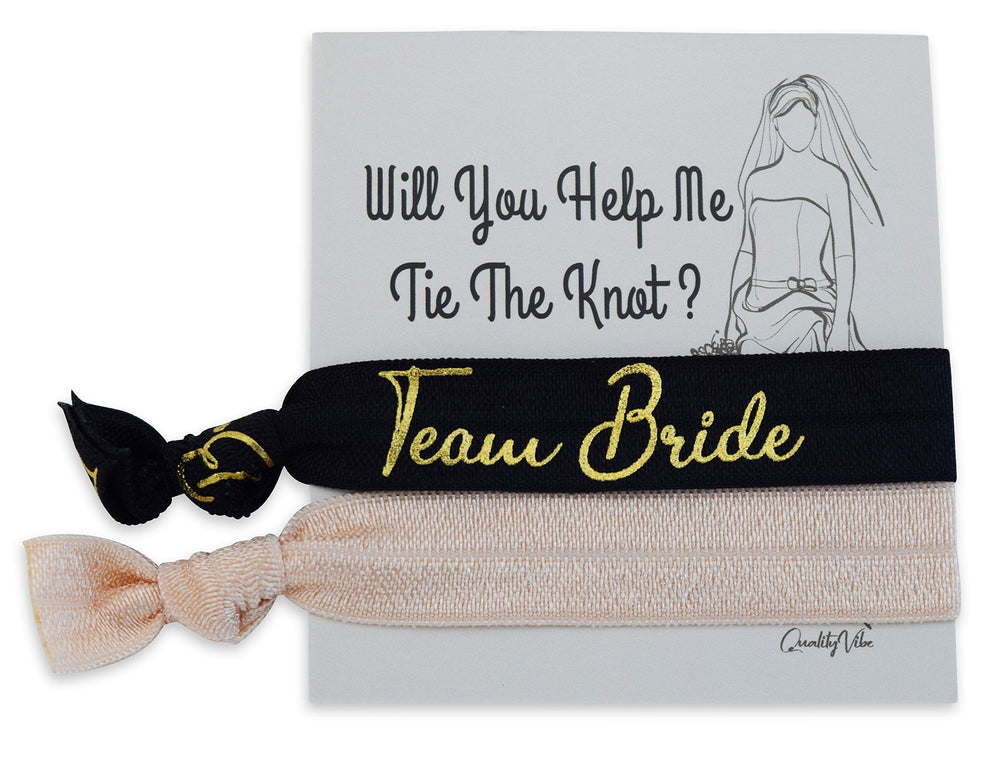 Hair Ties for Bridesmaids Gifts & 2 Sides Proposal Cards to Ask Bridesmaids, Matron & Maid of Honors or Flower Girl | 7 Black 'Team Bride' & 1 White 'Bride' in Gold Foil Letters & 8 Nude Blank Ties.