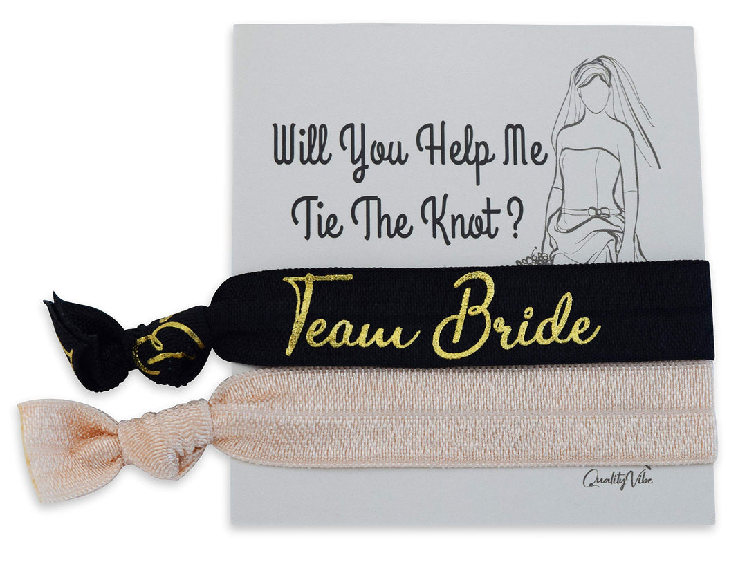 Hair Ties for Bridesmaids Gifts &amp; 2 Sides Proposal Cards to Ask Bridesmaids, Matron &amp; Maid of Honors or Flower Girl | 7 Black &#39;Team Bride&#39; &amp; 1 White &#39;Bride&#39; in Gold Foil Letters &amp; 8 Nude Blank Ties.