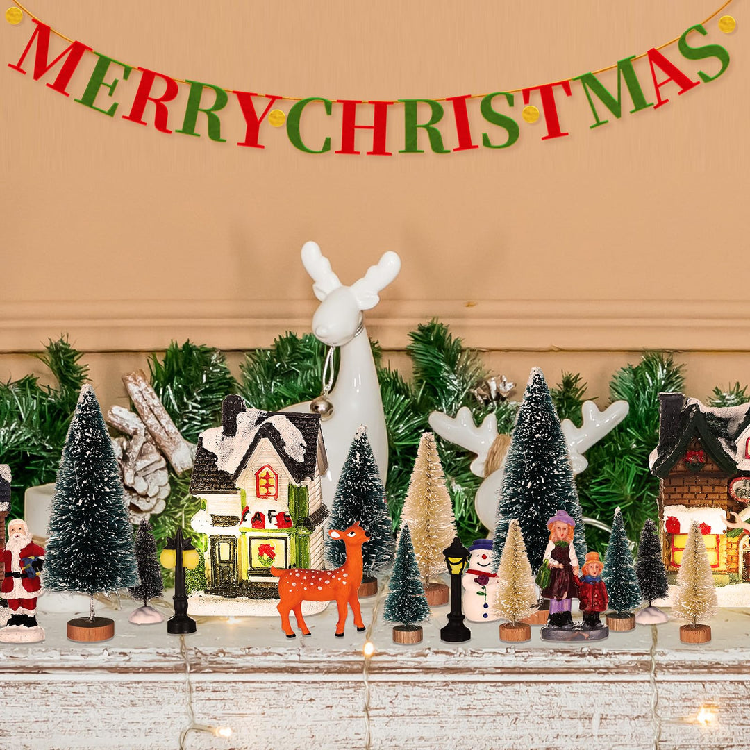 31 Pcs Christmas Village Figurines Decoration Set Lighted LED Christmas Village Houses with Figurines and Snow Blanket Roll for Christmas Town Scene Desktop Ornaments Battery Operated Landscape Decor
