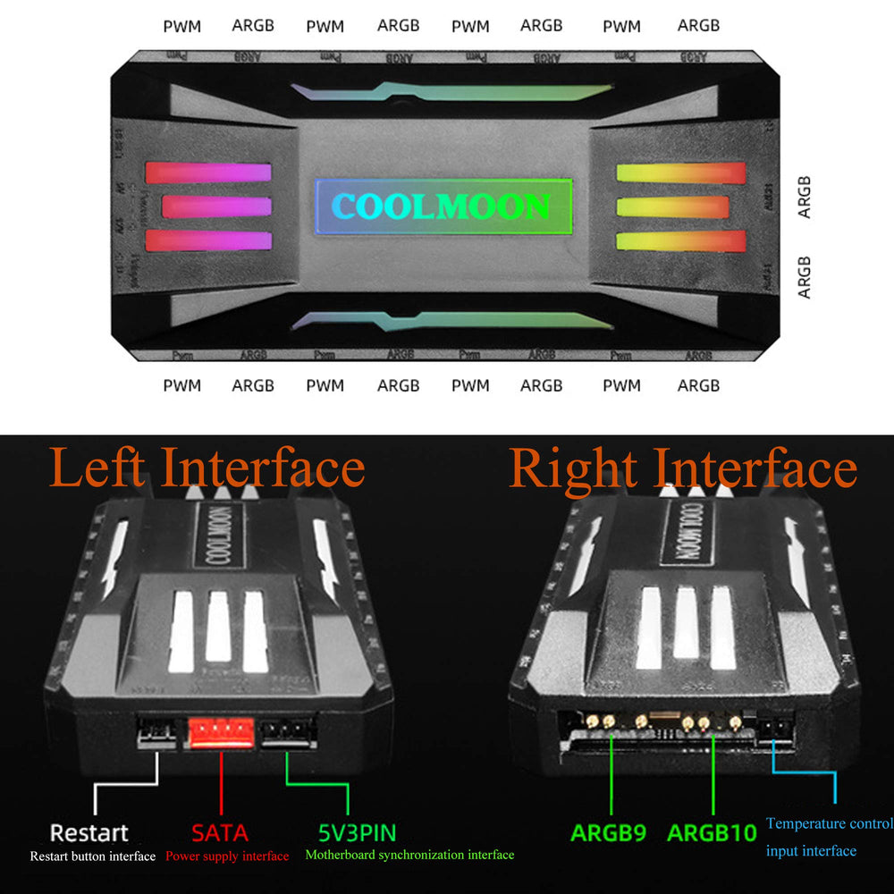 Pwm Fan Temperature Controller Integrator, Remote Control Computer RGB Light Adapter, 8 * 4 Pin Fan Speed Controller Ports, 10 * 5v 3pin A-RGB Ports with Magnet (Black)