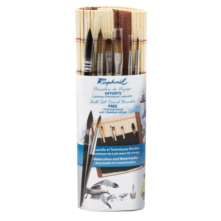 Precision &amp; SoftAqua Mini Travel Brush Set, Bamboo, Round 0, Round 2, Flat 0, Flat 2, Filbert 1, Mop 4, Natural