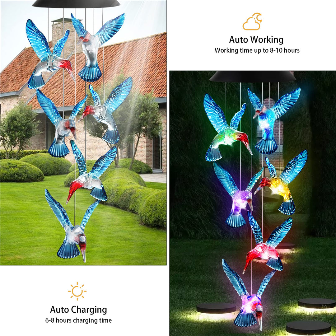 Hummingbird Wind Chimes Solar Wind Chimes Outdoor Color Changing Light Up Wind Chimes Solar Powered Memorial Wind Chimes Birthday Gifts for Mom Hummingbird Gifts (Blue windchimes)