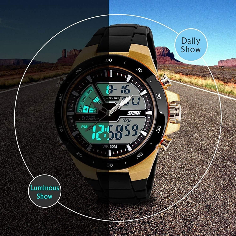Men's Analog Digital 50M Waterproof Sports Watch Military Multifunction Stopwatch Alarm Backlight Gold Watch (0_Gold)