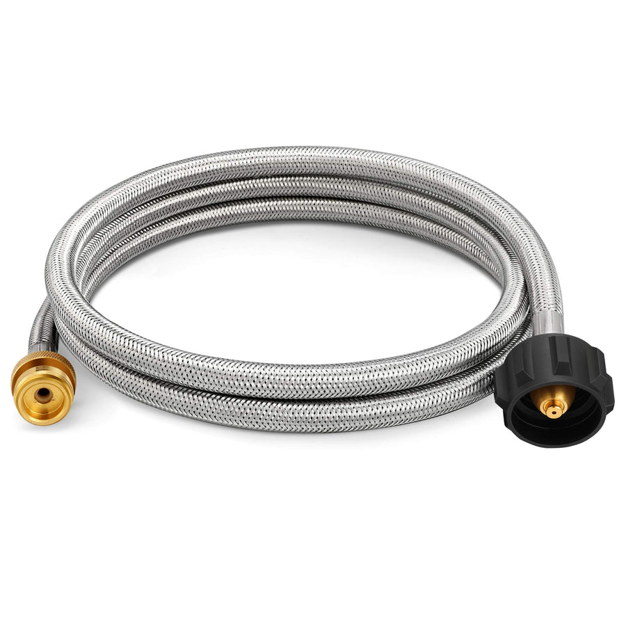 5FT POL Propane Adapter Hose with Gauge 1lb to 20lb Converter, Stainless Braided Propane Hose for Buddy Heater, Coleman Stove, Tabletop Grill and More 1 LB Portable Appliance to 5-100 LB Tank