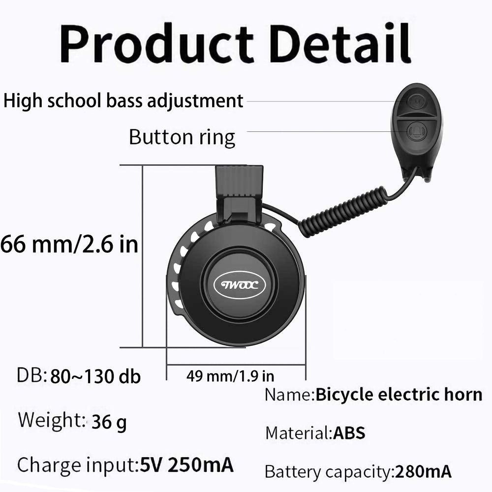 Electric Bike Horn 100dB Rechargeable - Waterproof Electronic Bicycle Bell with 4 Sound Modes & Easy Mount for Mountain Bikes, Kids Bikes, Adult Bicycles (Black)