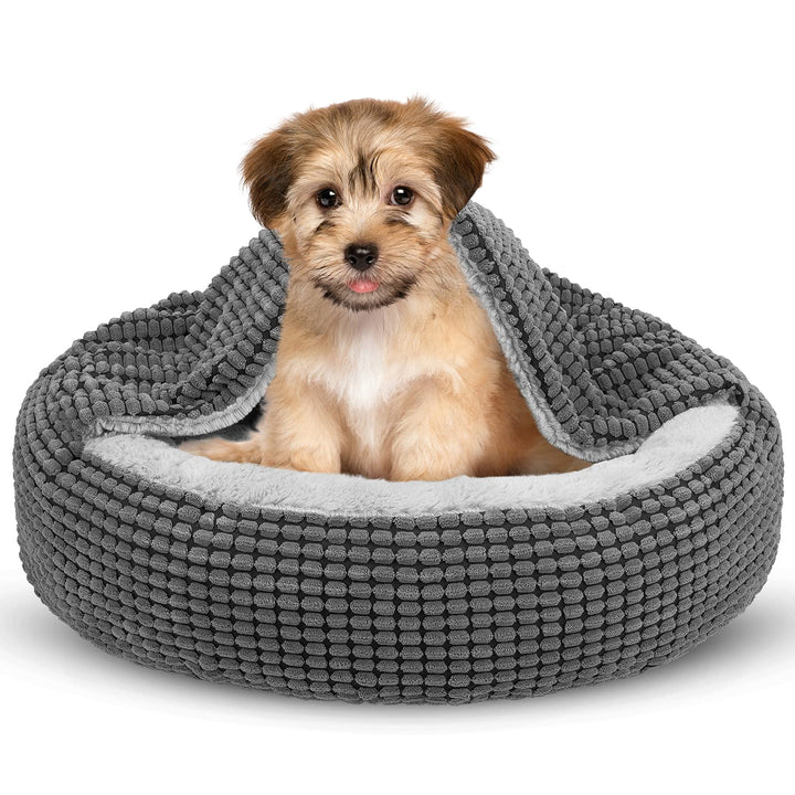 Small Dog Bed with Attached Blanket, Cozy Donut Cuddler Anti-Anxiety Hooded Pet Beds Calming Cave Bed. Orthopedic Round Puppy Beds for Dogs or Cats Washable, Anti-Slip Bottom, 23inch