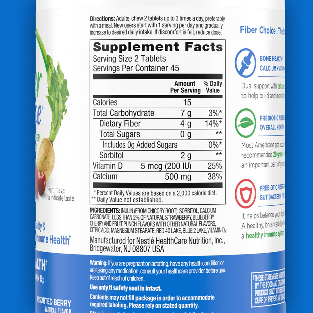 Bone Health Daily Prebiotic Fiber Chewable Tablets with Calcium & Vitamin D, Assorted Berry, 90 Count