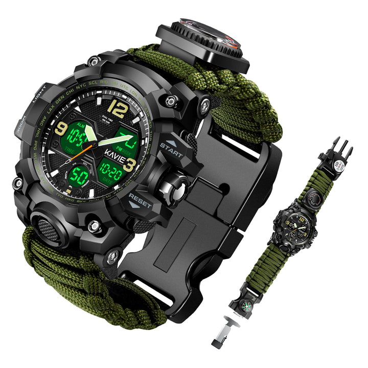 Mens Tactical Military Digital Fabric Watch, 23-In-1 Survival Multi-Functional Army Outdoors Waterproof Camouflage Dual Display Analog Led Electronic Wristwatches With Compass Paracord Band
