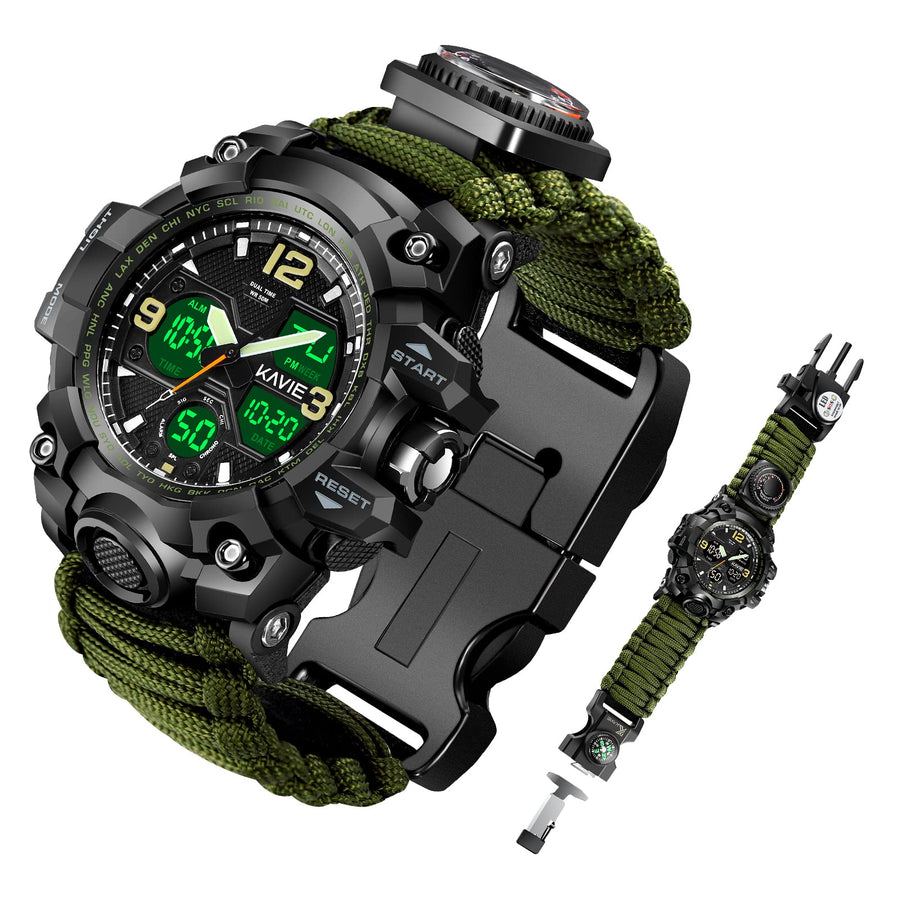 Mens Tactical Military Digital Fabric Watch, 23-In-1 Survival Multi-Functional Army Outdoors Waterproof Camouflage Dual Display Analog Led Electronic Wristwatches With Compass Paracord Band