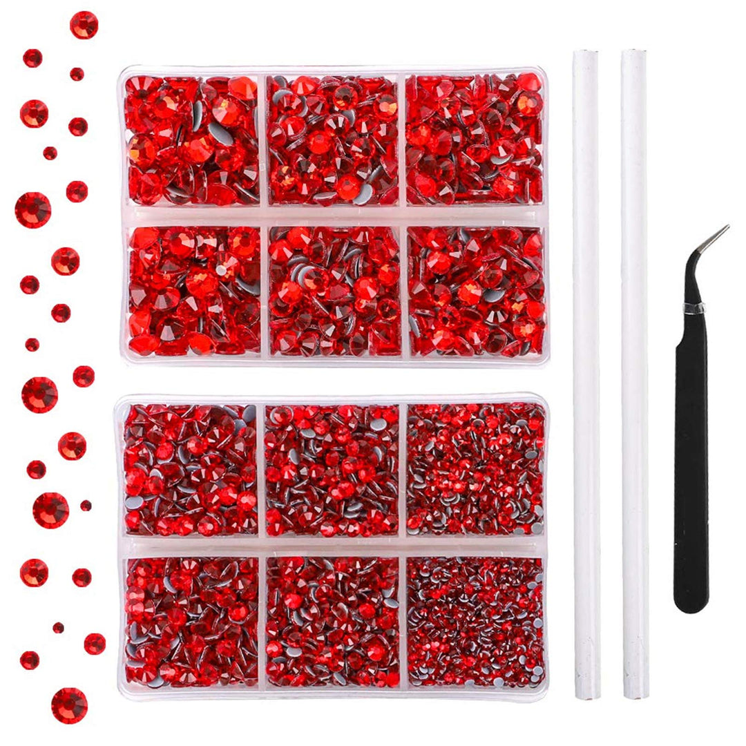 5040pcs Red Flatback Rhinestones for Crafting, Crystal Round Gems for Nail Art DIY Crafts Halloween Clothes Bags, 6 Mixed Size Hotfix Rhinestones with Tweezers and Picking Rhinestones Pen