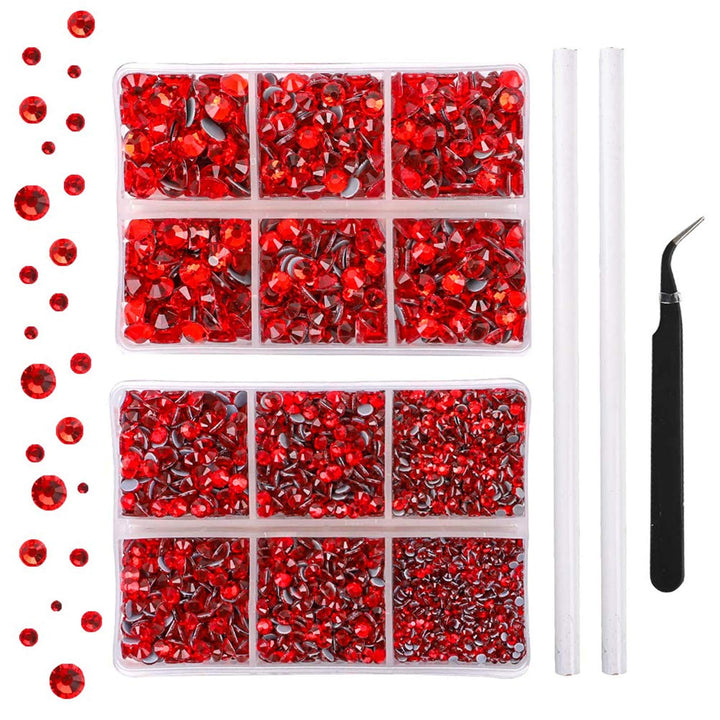 5040pcs Red Flatback Rhinestones for Crafting, Crystal Round Gems for Nail Art DIY Crafts Halloween Clothes Bags, 6 Mixed Size Hotfix Rhinestones with Tweezers and Picking Rhinestones Pen