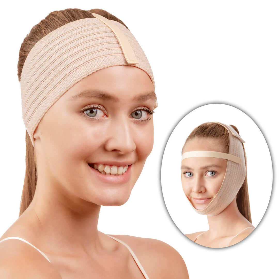 Post Surgical Chin Strap Bandage for Women - Neck and Chin Compression Garment Wrap - Face Slimmer, Jowl Tightening, Chin Lifting (Beige)